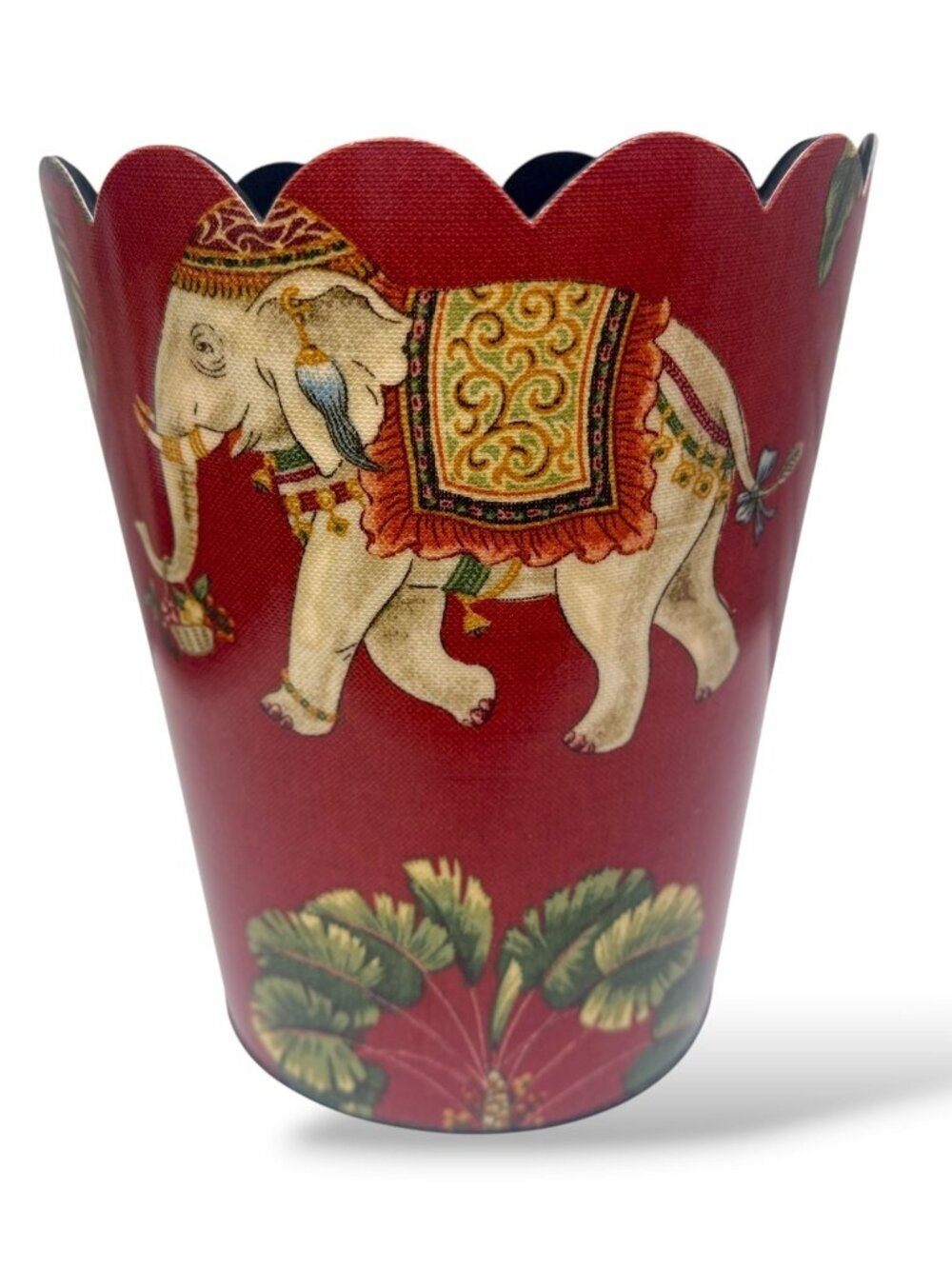 Luxury Wastebasket Red Elephant and Palms Scallop Top 10" High